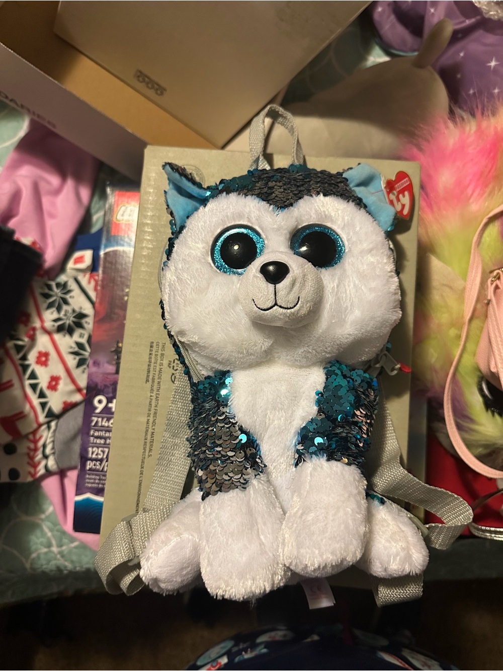 Ty Sequin Husky Plush Backpack - White & Teal